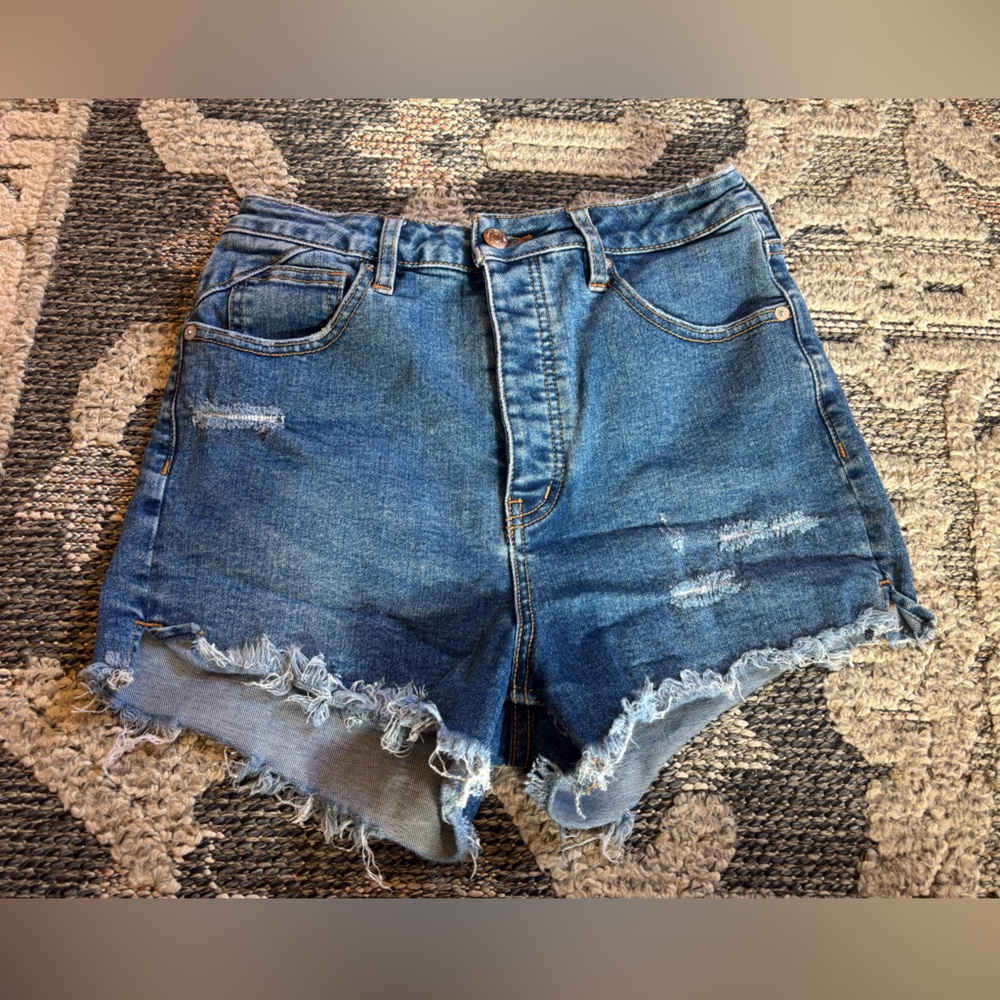 We The Free High-Waist Distressed Denim Shorts - Blue